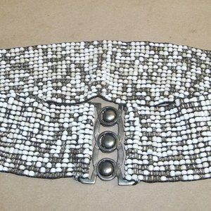 Vintage Boho Glass Bead Stretch Belt Wooden Buckle M 29.5" Cream Beige Hippie T4